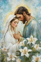 Prayer card featuring the Annunciation: Gabriel and Mary in light tones, soft brush strokes, symbolic lilies, inspiration for reflection and prayer