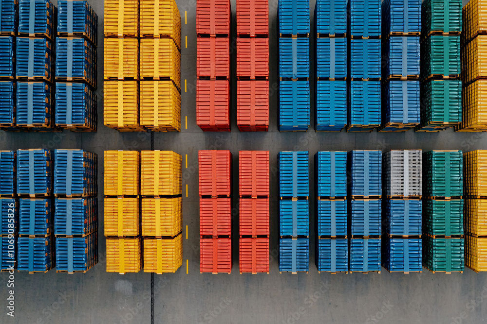 Poster organized rows of colorful pallets in structured stock area