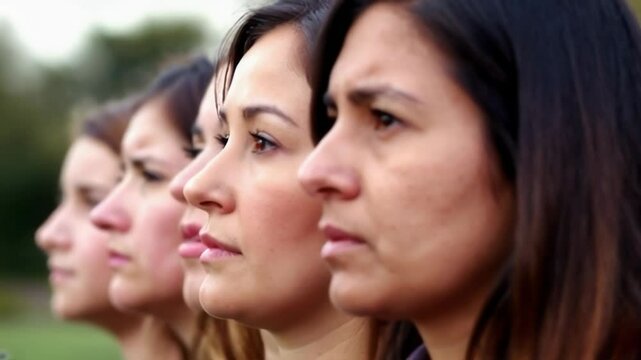 A close-up of determined women showcasing unity and strength, emphasizing emotional expression and social awareness.