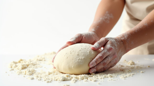Baker shaping dough by hand on a bright white background with flour - Powered by Adobe