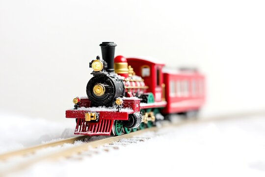 Red and black miniature train model on tracks with snow.