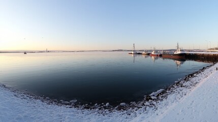 Obraz premium A serene winter panorama of a harbor with boat and snow-covered shores.