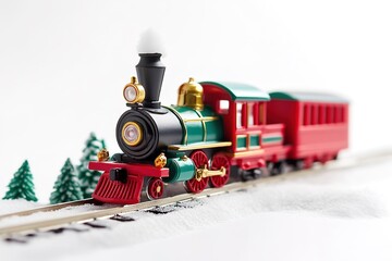 Toy train with Christmas decor on wintry background