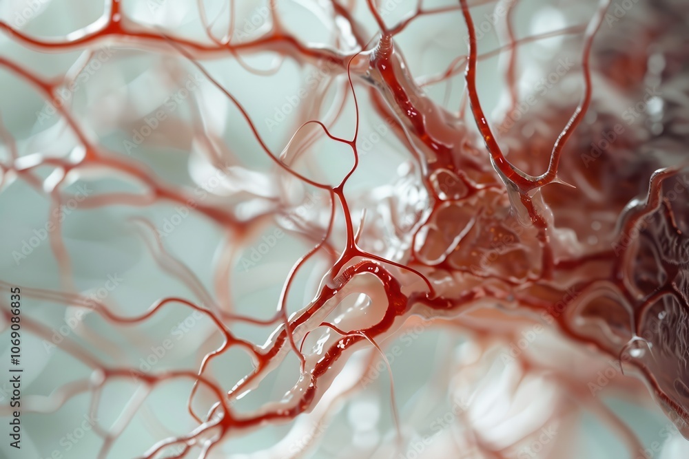 Poster close-up view of intricate red and clear vascular structure showcasing detailed patterns and texture