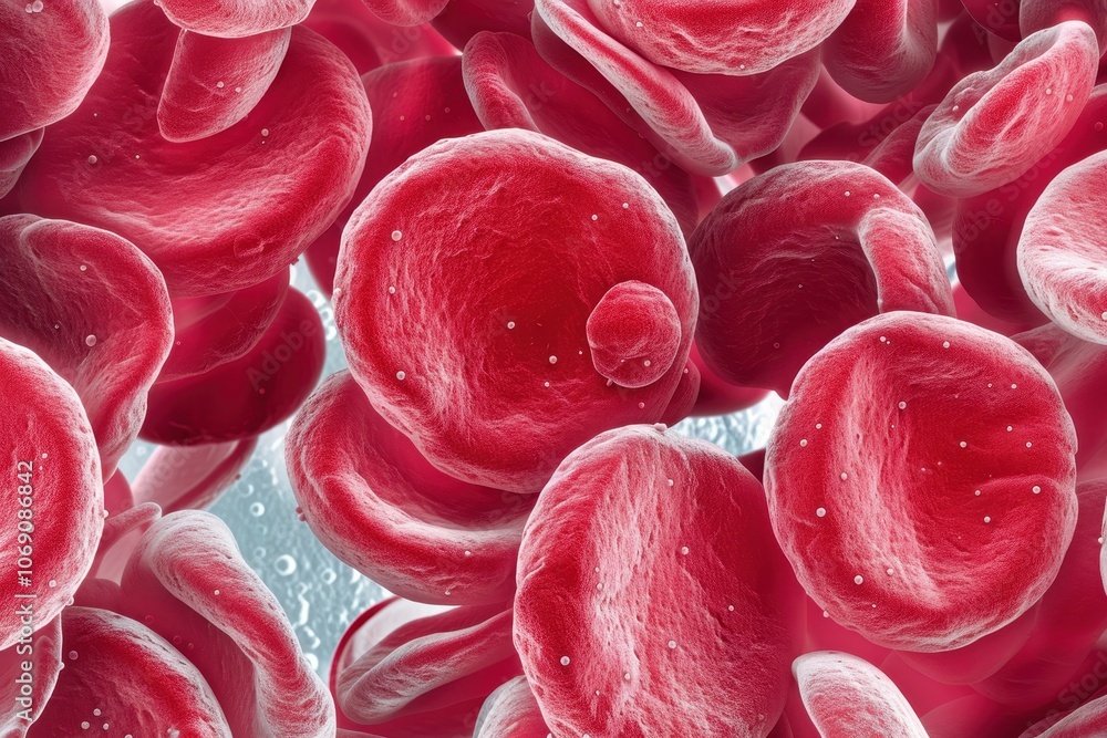 Poster Close-up view of red blood cells showcasing their biconcave structure under magnification in a laboratory setting