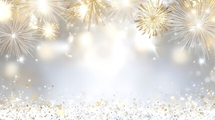 A dazzling display of bright white and gold fireworks lighting up the New Year's sky, with plenty of copy space for custom messages