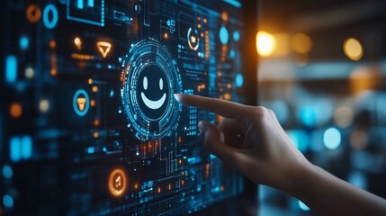 A hand points at a smiley face icon on a computer screen, representing customer satisfaction and positive feedback.