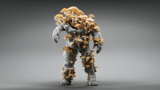Surreal humanoid figure enveloped in golden mushrooms