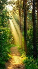 Fototapeta premium Tranquil Forest Trail Bathed in Sunlight