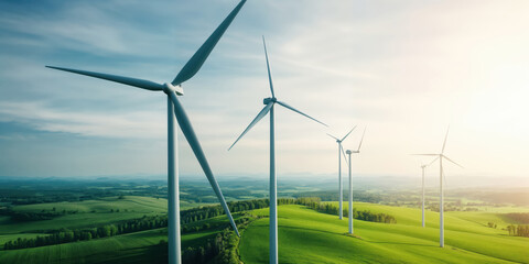 Wind turbines generating clean energy in green field