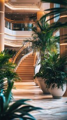 Fototapeta premium Serene Atrium with Grand Staircase and Lush Greenery
