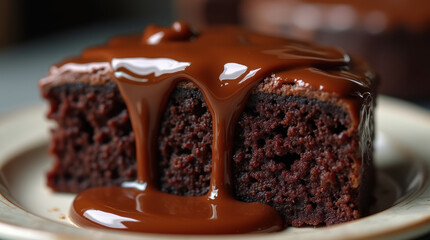 Obraz premium A decadent slice of chocolate cake with rich chocolate dripping around it