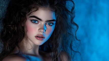 A close-up portrait of a young woman with curly hair, dramatic lighting, and vibrant makeup.