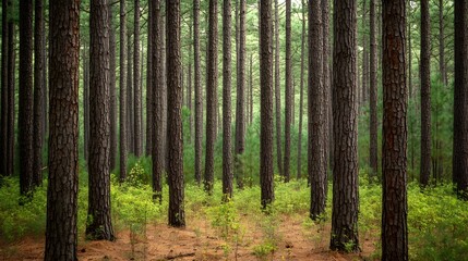 Obraz premium A dense pine forest features towering trees and a soft forest floor blanketed with pine needles, creating a serene and natural woodland environment.
