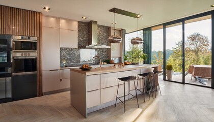 Stylish home kitchen interior cooking cabinet and island, panoramic window