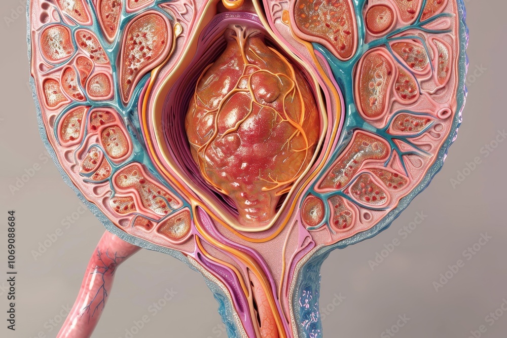 Poster A detailed artistic representation of human kidney anatomy showcasing the intricate structures and functions of renal tissues, illustrating the complexity of the urinary system