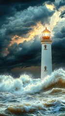 Obraz premium Illuminated Lighthouse Against Dramatic Sky