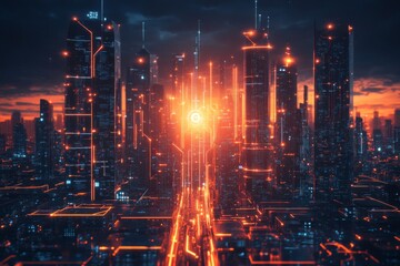 Fototapeta premium Futuristic Cityscape with Neon Lights and Circuitry