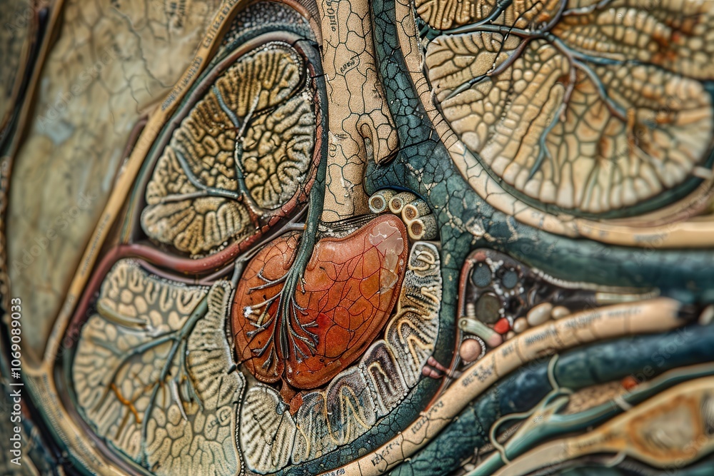 Poster Intricate microscopic structure showcasing cellular components and textures in a vibrant representation of biological tissue layers