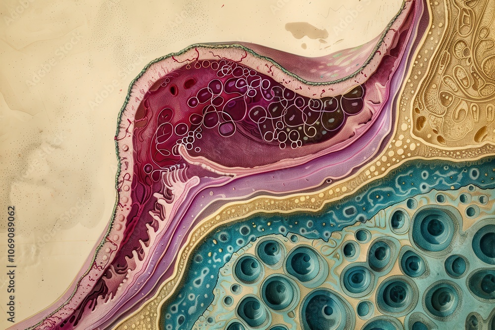 Poster Intricate microscopic structure showcasing cellular components and textures in a vibrant representation of biological tissue layers