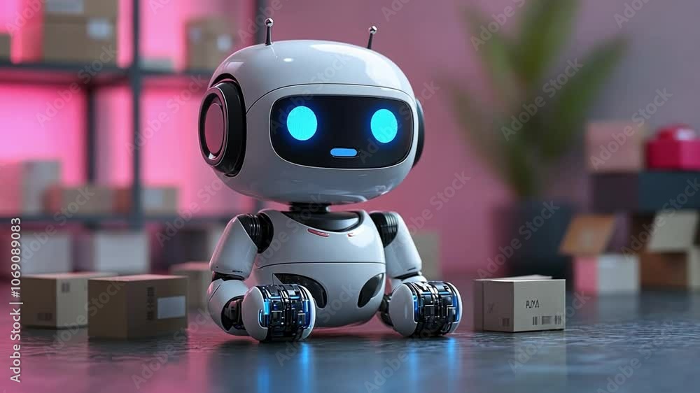Poster a robot assistant sits among small boxes in a modern workspace with colorful lighting during the day