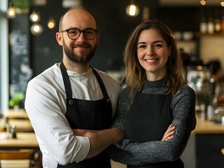 Portrait, arms crossed or happy couple in restaurant or cafe with smile or small business together. Teamwork, proud woman or managers at coffee shop or diner with hospitality service in partnership - Powered by Adobe