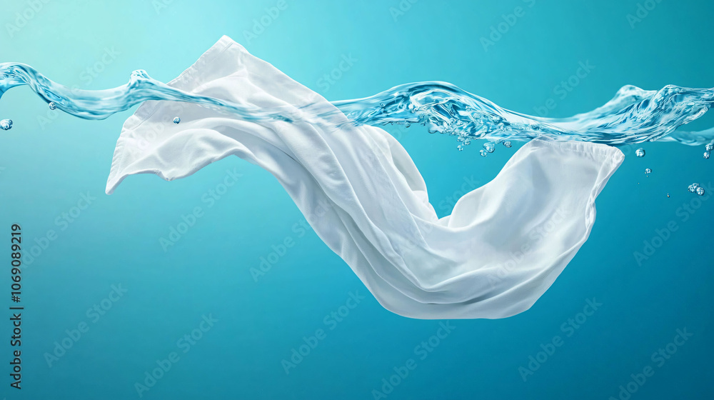 Poster white linens floating in clear water, creating serene motion