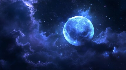 Obraz premium A vibrant night sky featuring a large blue moon surrounded by cloud and star.