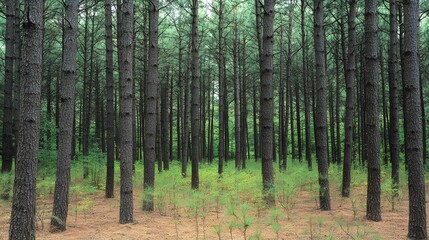 Obraz premium A dense pine forest features towering trees and a soft forest floor blanketed with pine needles, creating a serene and natural woodland environment.
