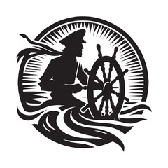 Fototapeta premium Sailor at the helm silhouette vector art black color design and solid white background 