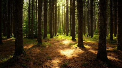 Fototapeta premium A dense pine forest features towering trees and a soft forest floor blanketed with pine needles, creating a serene and natural woodland environment.