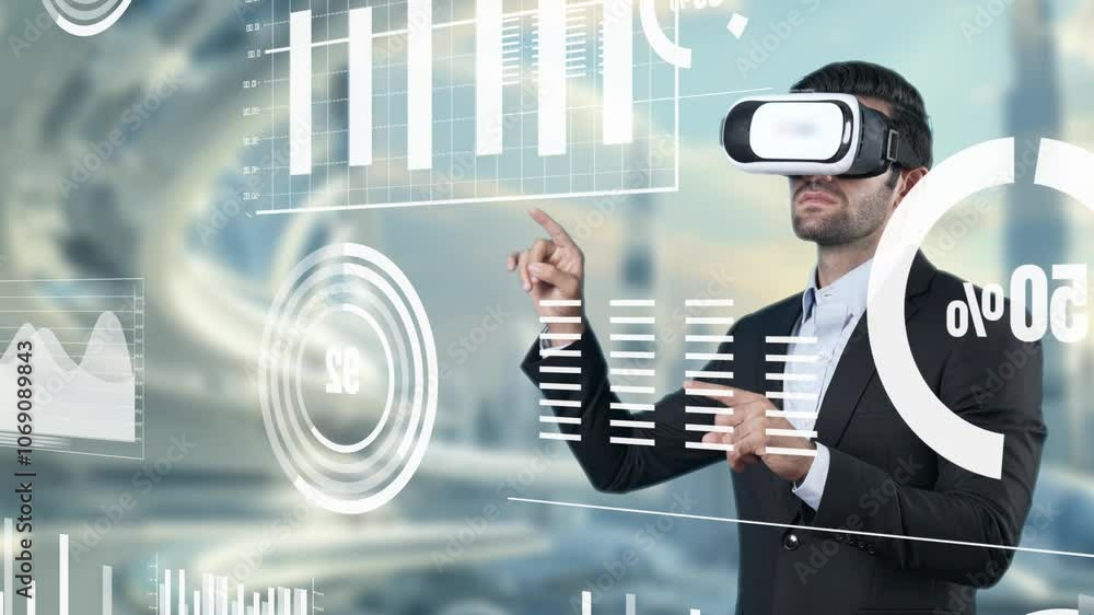 Poster businessman pointing at financial data hologram and standing at futuristic city with blurring backgr