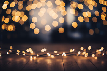 Close up of a wooden table with lights