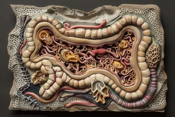 Detailed anatomical model showcasing the human digestive system, highlighting the small and large intestines, stomach, and associated organs in an educational setting