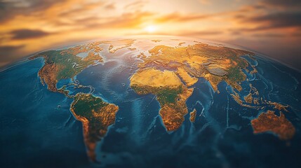Fototapeta premium A detailed 3D map of the Earth with a sunrise over the horizon. The continents and oceans are clearly visible, with a focus on the Middle East and Asia.
