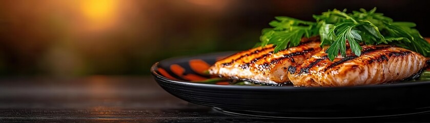 A beautifully grilled salmon fillet garnished with fresh herbs, presented on a black plate, showcasing a warm and inviting ambiance.