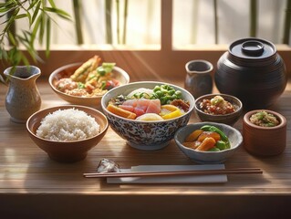 A beautifully arranged Japanese meal featuring rice, sashimi, and colorful vegetables in an inviting setting.