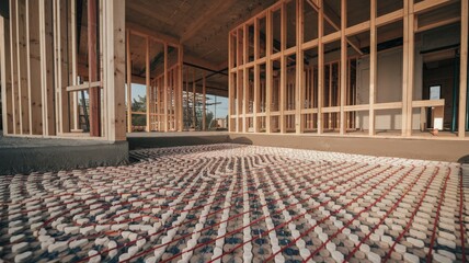 Radiant floor heating system in progress inside wooden frame house