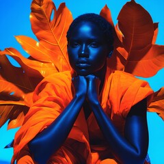 Dramatic Portraits of Diverse Individuals in Bold Orange Fashion Surrounded by Tropical Leaves with Bright Blue Background