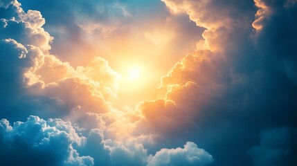 A dramatic sky filled with colorful cloud and sunlight breaking through.