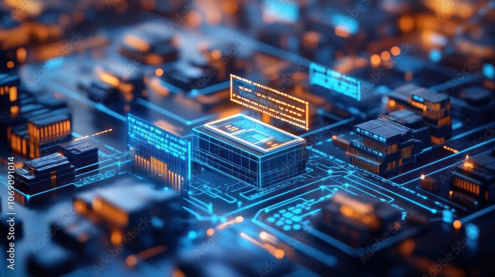 Poster a futuristic city built on a circuit board with glowing lines and digital screens.