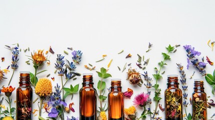 Row of amber essential oil bottles surrounded by colorful dried flowers and petals on a white surface. The arrangement highlights a natural, organic approach to aromatherapy and holistic health.