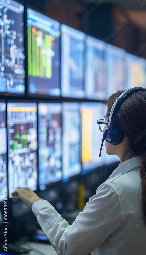 Poster focused female air traffic controller closely monitoring flight and weather data on multiple screens