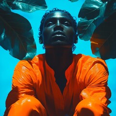Artistic Portrait Series Showcasing Models in Orange Outfits with Tropical Leaves Under a Clear Sky