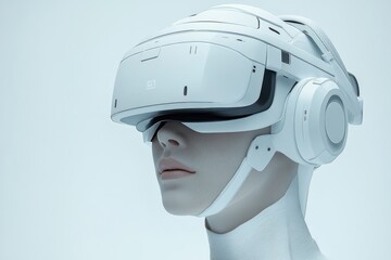 Woman Wearing Futuristic White VR Headset