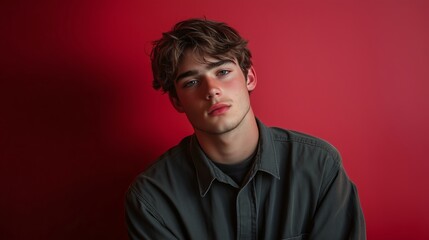 Fototapeta premium Young man posing casually against a red background, showcasing a relaxed expression in a contemporary setting