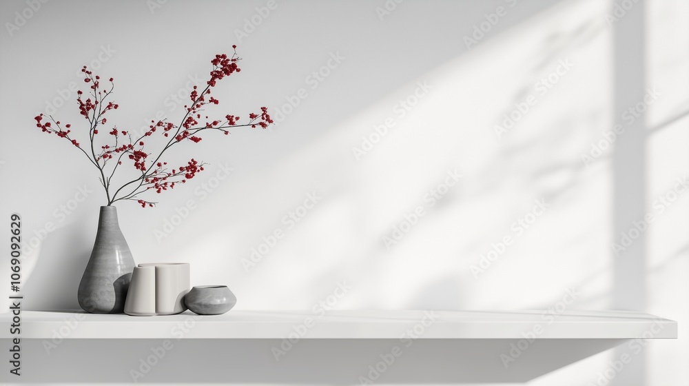 Poster a minimalist shelf display featuring elegant vases and decorative branches in a bright and simple in