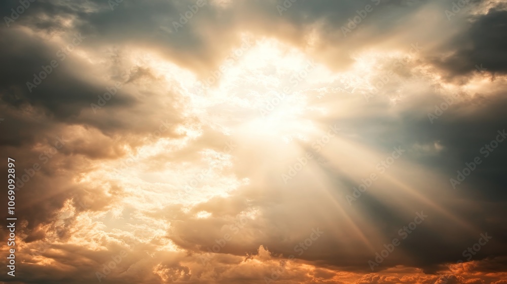 Poster a dramatic sky with rays of sunlight breaking through cloud, creating a serene and uplifting atmosph