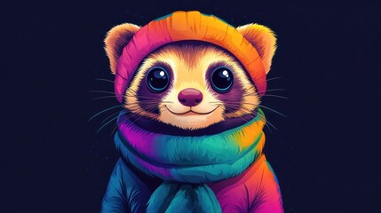 Fototapeta premium Cute Raccoon Wearing a Colorful Hat and Scarf