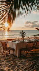 Fototapeta premium Luxurious Beach Dinner Setup at Sunset